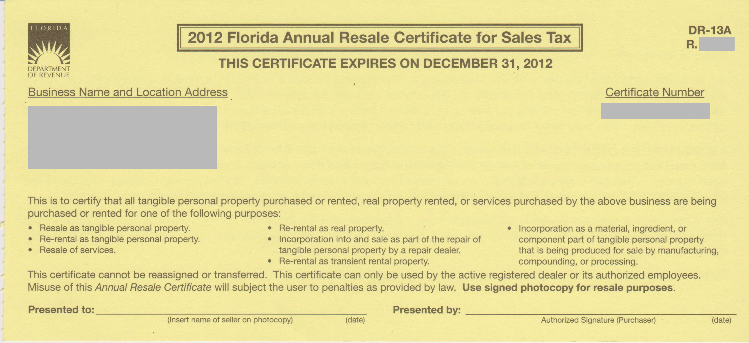 Sales Tax Certificate of Registration or Sales Tax Certificate of